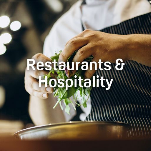 Text "Retaurants & Hospitality" overlaid on image of chefs hands putting lettuce in bowl