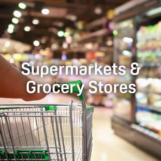 Text "Supermarkets & Grocery Stores" overlaid on image of grocery store aisle